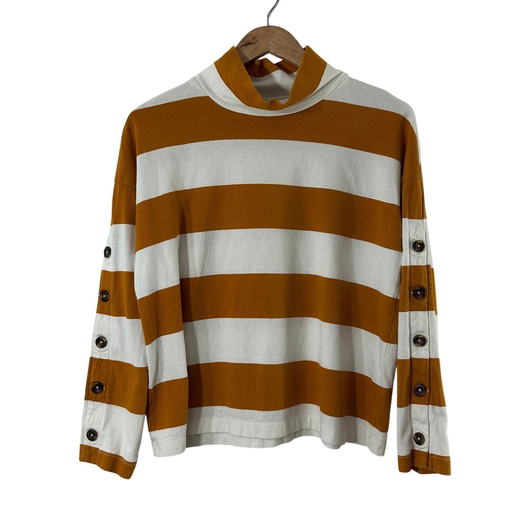 Madewell Striped Mock Neck Button Sleeve Top Mustard Yellow White Small Cotton